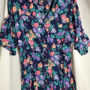 Vintage Rafaella Purple Floral Womens Top Shoulder Pads Blouse Size Small USA